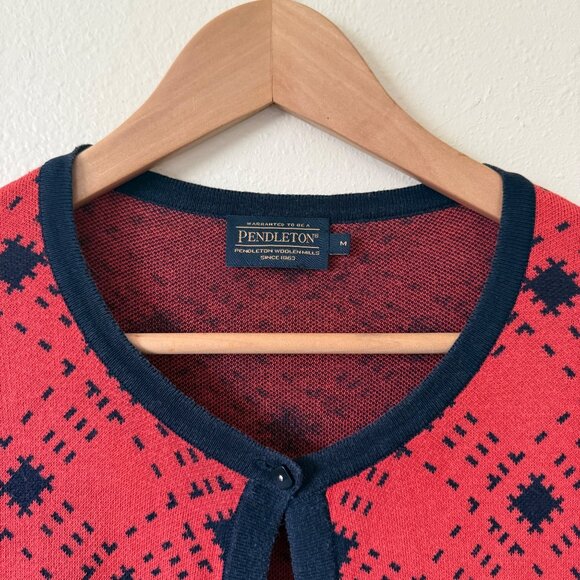 Pendleton Womens Red & Navy Diamond Pattern Cardigan Sweater M - Picture 3 of 6